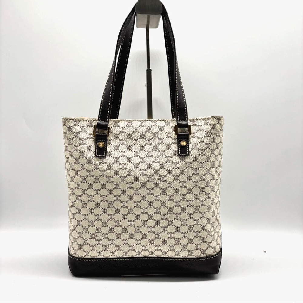 CELINE Tote Bag Macadam PVC Leather White Brown Vintage - Picture 2 of 14
